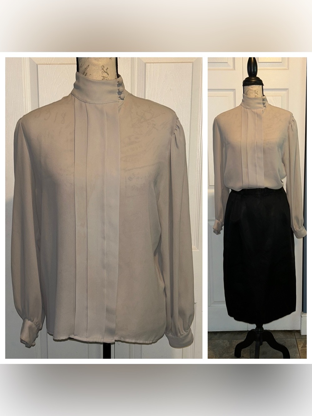 Vintage 90s High Neckline Sheer Long Sleeve Blouse Grey Sz 10
